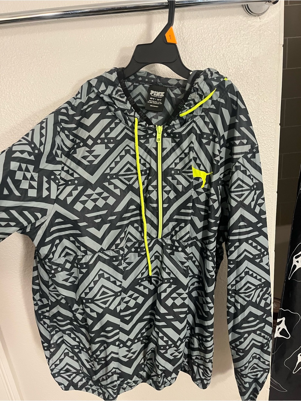 PINK Victoria's Secret Men's Black & Gray Geometric Windbreaker with Neon Accent
